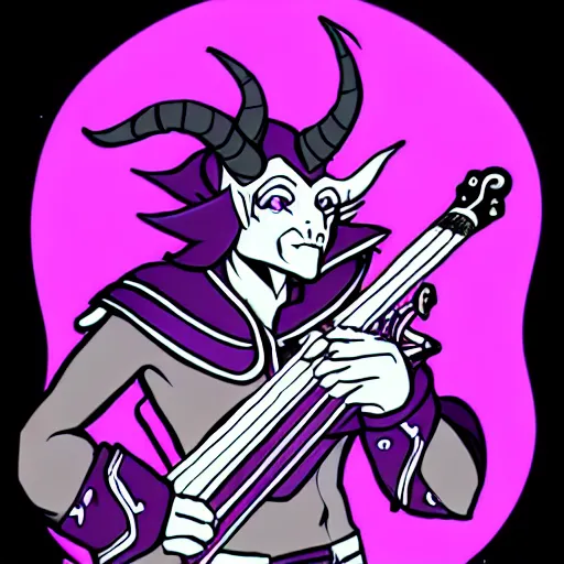 Prompt: a purple tiefling bard with long white horns wearing light armor and carrying a guitar as drawn by the sketch goblin and thesketchgoblin