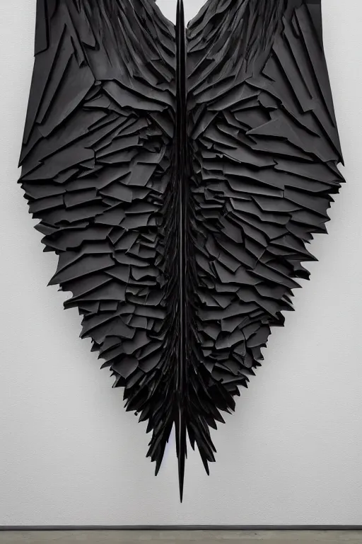 Image similar to ASYMMETRICAL brutalist black metal winged abstract sculpture made of glossy black liquid latex and industrial hardware, sharp irregular shapes, designed by nancy grossman, anish kapoor, herman nitsch, 8k hyperrealistic, hyper-detailed, highly textured, dark volumetric lighting