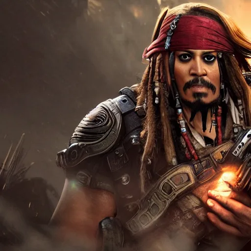 Image similar to captain jack sparrow as a coq in gears of war, splash art, movie still, cinematic lighting, dramatic, octane render, detailed face, long lens, shallow depth of field, bokeh, anamorphic lens flare, 8 k, hyper detailed, 3 5 mm film grain