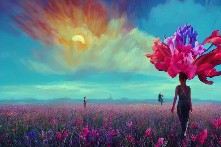 Image similar to giant gladiola head, girl walking in field of flowers, surreal photography, sunrise, blue sky, dramatic light, impressionist painting, digital painting, artstation, simon stalenhag