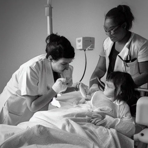 Image similar to “ sensual zonbie nurse treating childs in a hospital, artwork ”