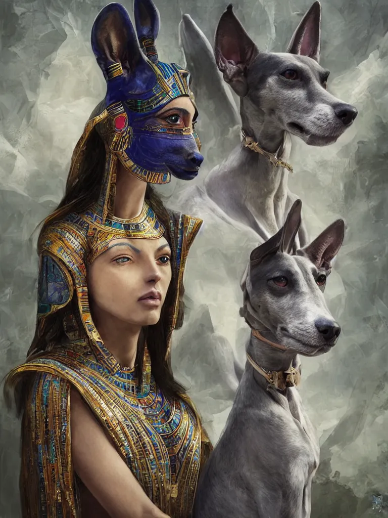 Image similar to portrait of a beautiful female ancient Egyptian goddess next to the god Anubis as a whippet, blue lotus flowers grow around them, by Alessio Albi, painted by Artgerm, by Marc Simonetti