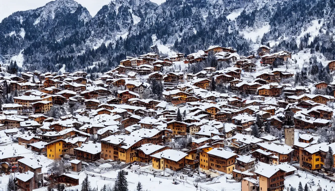 Prompt: an italian town in the dolomites mountains, winter