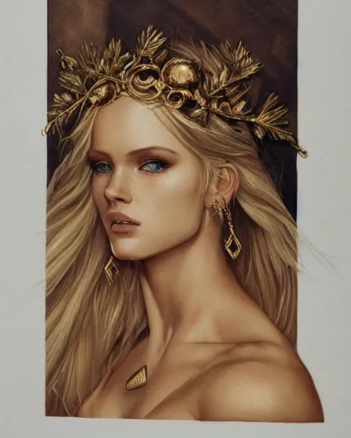 Image similar to tattoo sketch of hot blonde super model as aphrodite greek goddess wearing a gold laurel wreath and triangle earrings, beautiful piercing gaze with sharp pupils, in the style of greg rutkowski, fantasy, amazing detail, epic, elegant, smooth, sharp focus, front view