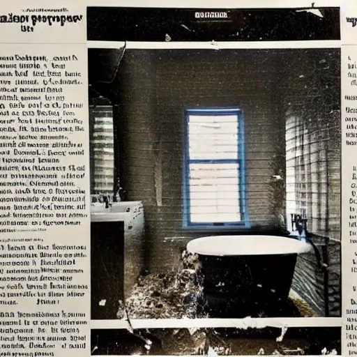 Prompt: a newspaper clipping with a photo showing a luxurious bathroom with a smashed mirror shattered on the floor