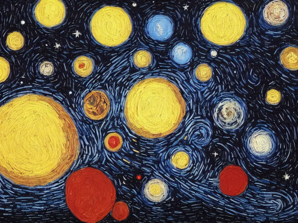 Image similar to A beautiful painting of a five planets by Gioele Muscolino and Van Gogh, There are only five planets that are black, white, yellow, red, and blue, behind the galaxy and the universe, Trending on artstation, starry sky