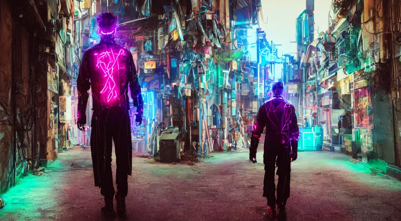 Prompt: a photo of a cyberpunk man walking in a medival village, the photo was taken from the ground looking up at the man's back, the man has glowing neon pink and blue lights on his back, ultra high detail.