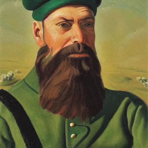 Image similar to soldier of slavic appearance with a white beard, white mustache, white hair in a green cap, green camouflage, in black trousers against a blue sky and wheat fields in the style of andrei riabovitchev, realism, portrait