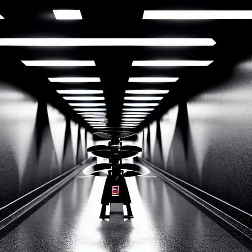 Image similar to Black military quadcopters, in the wide hallways in a futuristic prison underground, brutalist liminal architecture, sigma 85mm f/1.4, 4k, depth of field, high resolution, 4k, 8k, hd, full color