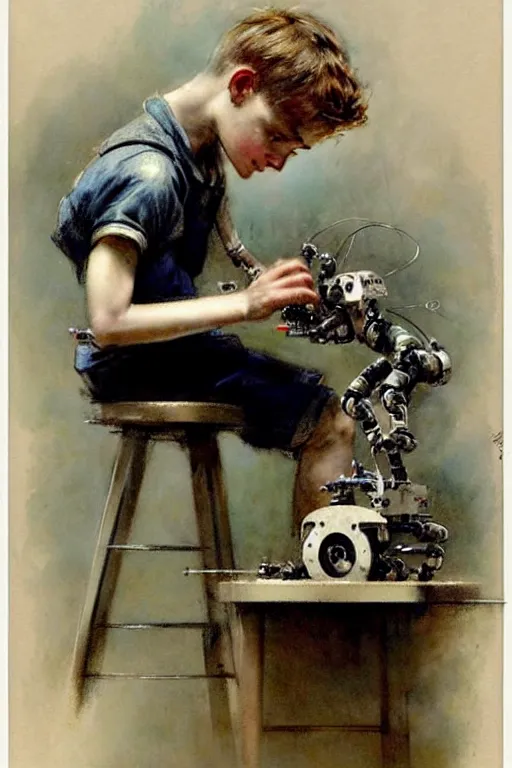 Image similar to (((((1950s a boy working on his robot . muted colors.))))) by Jean-Baptiste Monge !!!!!!!!!!!!!!!!!!!!!!!!!!!