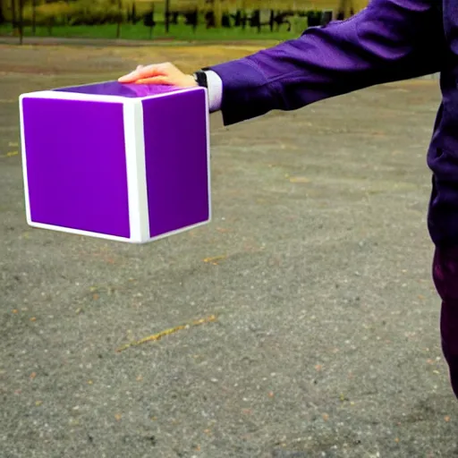 Prompt: a man with a purple cube for a head