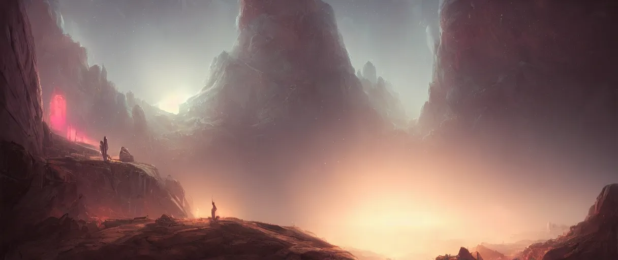 Prompt: broken pantheon amidst a foggy cliff side under a starlit sky, matte painting, futuristic, sci fi, style of jordan grimmer, digital painting, trending on artstation, high detail, volumetric lighting, godrays