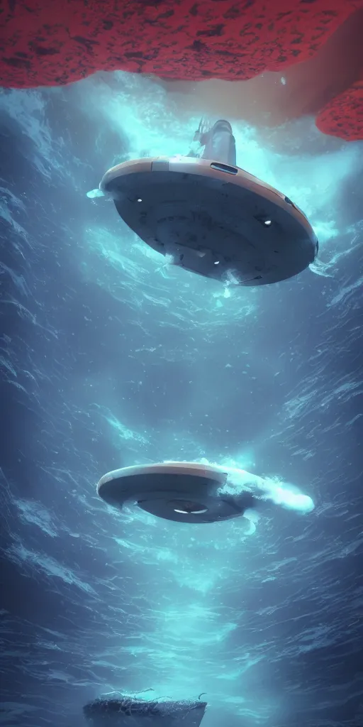 Prompt: white disc - shaped spacecraft submarine, fusion of subnautica and star trek, flying through a spectacular underwater coral canyon, kelp forest, schools of fish, in the style of john eaves ron walotsky ralph mcquarrie, soft natural volumetric lighting, realistic 4 k unreal engine 5 beautifully detailed render, 4 k post processing, trending on artstation