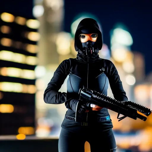 Image similar to photographic portrait of a 2d techwear woman holding a gun, closeup, on the rooftop of a futuristic city at night, sigma 85mm f/1.4, 4k, depth of field, high resolution, 4k, 8k, hd, full color