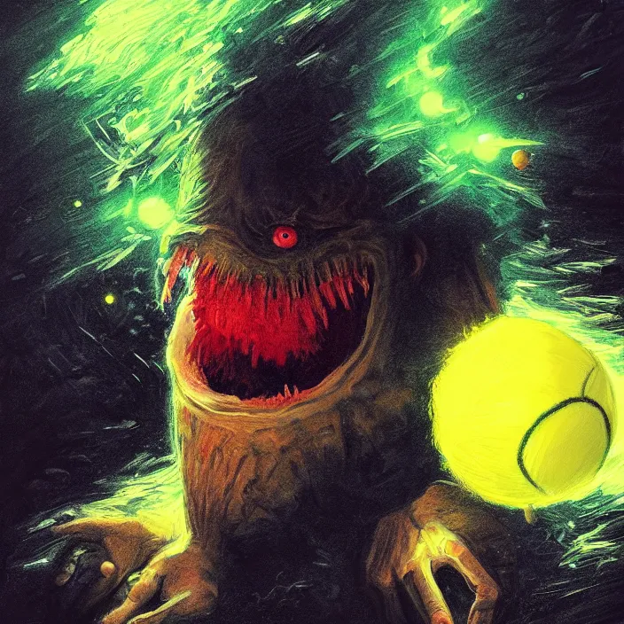 Image similar to cinematic portrait of a tennis ball monster in the abyss of space, chalk, masterpiece, trending on artstation, featured on pixiv, cinematic composition, dramatic pose, beautiful lighting, sharp details, hyper-detailed, HD, HDR, 4K, 8K, art by Basil Gogos