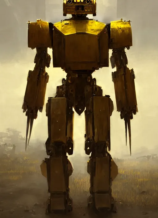 Image similar to human-sized strong intricate yellow pit droid, carrying longsword and big paladin shield, pancake head, exposed metal bones, painterly humanoid mecha, full body, sharp focus, cinematic, by Greg Rutkowski