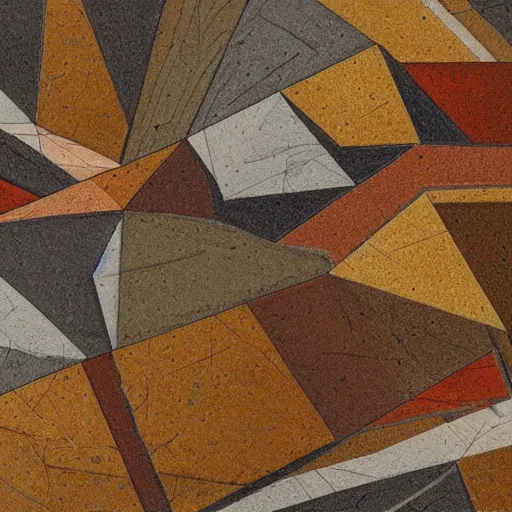 Image similar to masterpiece abstract intricate painting of detailed multiple layers of rocky material along a planer surface. highly geometric with loose sketch lines slanting down. isometric angles. beautiful use of light and shadow to create a sense of a stony landscape. using architectural brushwork and a rich earthy color palette, providing a mathematical rough sketchy look.