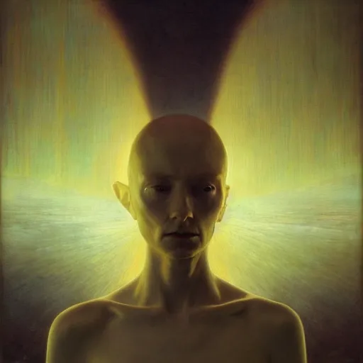 Image similar to Portrait Masterpiece, Thom Yorke, yellow, golden halo behind her head, wires everywhere, by Edgar Maxence and Ross Tran, Zdzisław Beksiński, and Michael Whelan, distant, gustav dore, H.R. Giger, 8k, octane render