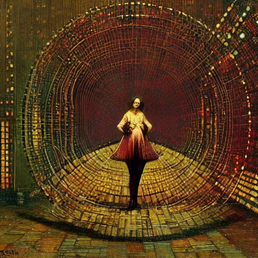 Image similar to A kinetic sculpture. A rip in spacetime. Did this device in her hand open a portal to another dimension or reality?! Hadean by John Atkinson Grimshaw riotous