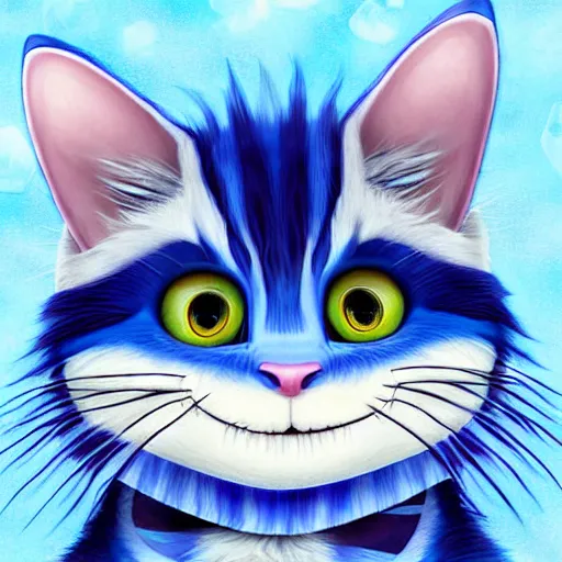 Prompt: cute blue striped cheshire cat from alice in wonderland. an adorable cat with light blue stripes, blue eyes and a big playful smile. award - winning digital art by mona sundberg