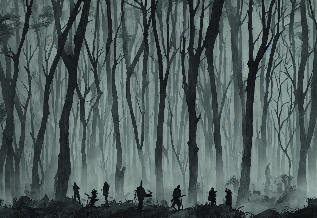 Prompt: handmade illustration of a big forest, line art, ink, some small silhouetted medieval men among the trees, watercolor by Kilian Eng and by Jake Parker, winning-award masterpiece, fantastic, octane render, 8K HD Resolution, High quality image