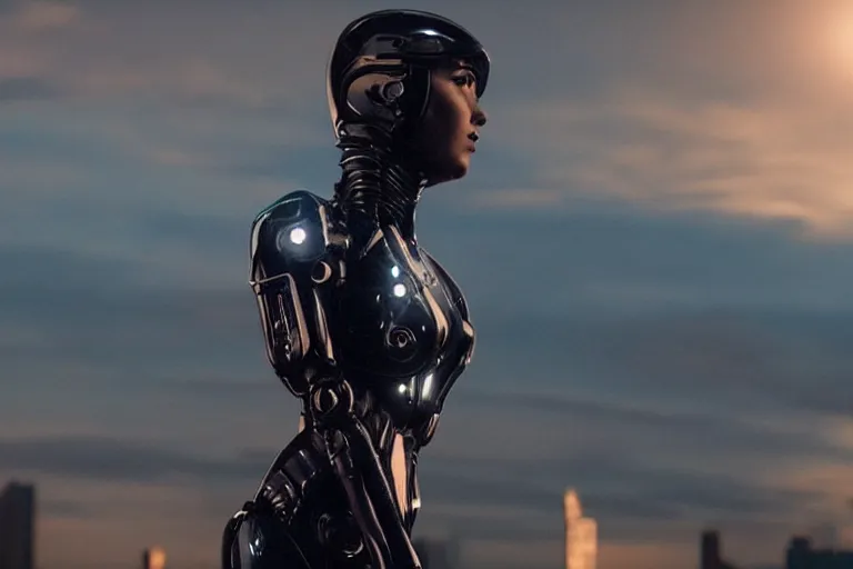 Image similar to VFX movie closeup of a gorgeous futuristic robot woman in black spandex armor in future city, hero pose, beautiful skin, natural city night lighting by Emmanuel Lubezki