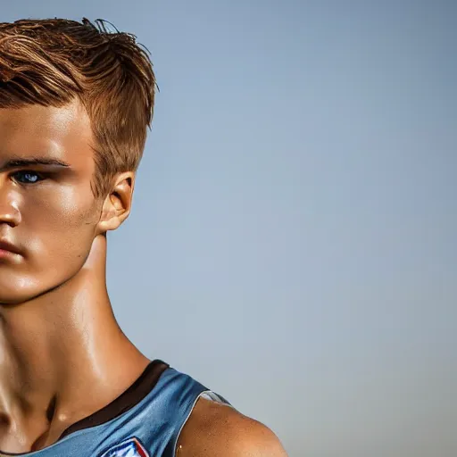 Image similar to a realistic detailed photo of a guy who is an attractive humanoid who is half robot and half humanoid, who is a male android, soccer player martin ødegaard, shiny skin, posing like a statue, blank stare, by the pool, on display, showing off his muscles, humanoid robot, frozen ice statue