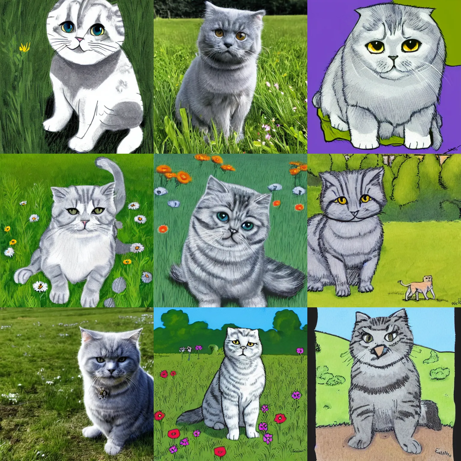 Prompt: a gray scottish fold sitting in the middle of sunny meadow, by will eisner