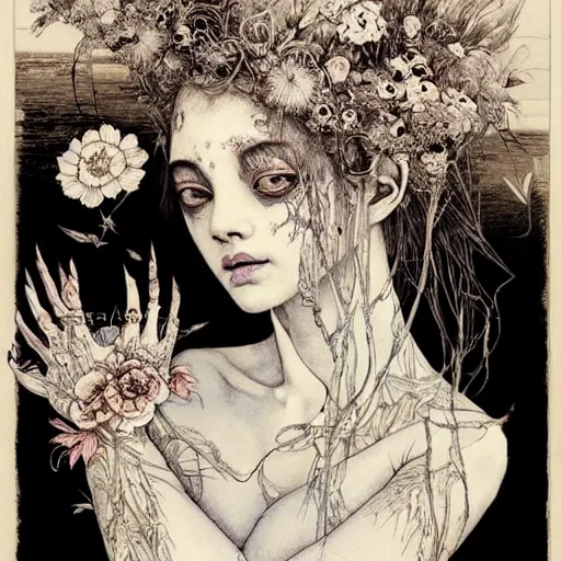 Image similar to prompt: beautiful girl in lake with light up face painted in Piranesi style drawn by Vania Zouravliov and Takato Yamamoto, nymph in the water, small flowers around and on the side, intricate oil painting, high detail, Neo-expressionism, post-modern gouache marks on the side, gnarly details soft light, white background, intricate detail, intricate ink painting detail, sharp high detail, manga and anime 2000