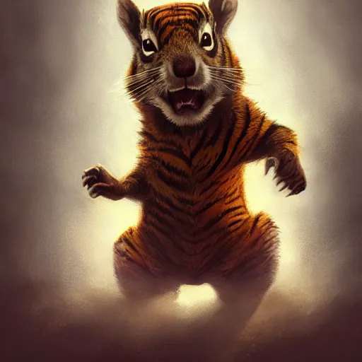 Image similar to Squirrel/tiger, Angry, manic, magic the gathering artwork, horror, D&D, fantasy, cinematic lighting, centered, symmetrical, highly detailed, digital painting, artstation, concept art, smooth, sharp focus, illustration, volumetric lighting, epic Composition, 8k, art by Akihiko Yoshida and Greg Rutkowski and Craig Mullins, oil painting, cgsociety