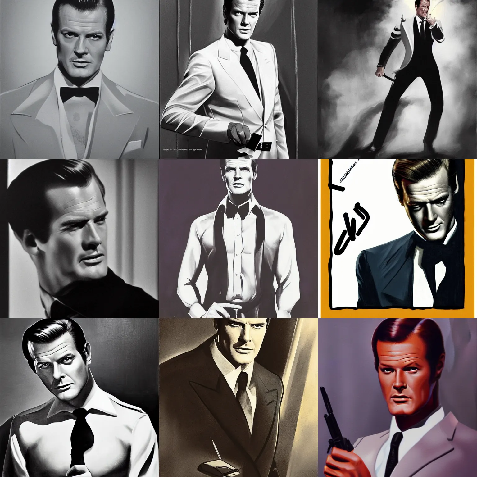 Prompt: young 2 5 year old roger moore as james bond, 1 9 7 3, smoke filled room, film noir lighting, painting by ross tran