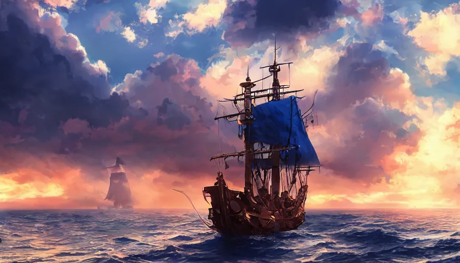 Image similar to pirate ship sailing, boisterous heaven, raging sky, sun lighting through clouds, with blue light piercing through clouds, makoto shinkai, royal blue colors, lighting refraction, volumetric lighting, pixiv art, highly detailed, anime art, symmetrical, wlop, anime art