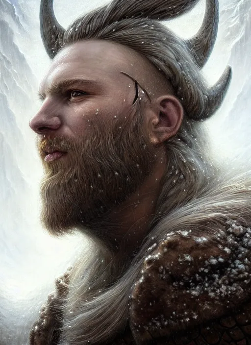 Image similar to closeup portrait shot of a snow viking in a scenic dystopian environment, intricate, elegant, highly detailed, centered, digital painting, artstation, concept art, smooth, sharp focus, illustration, artgerm, tomasz alen kopera, peter mohrbacher, donato giancola, joseph christian leyendecker, wlop, boris vallejo