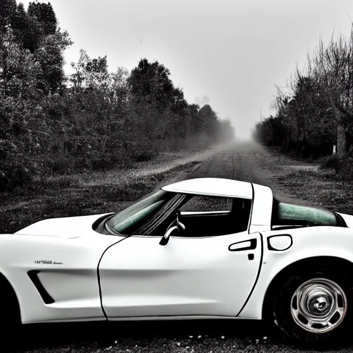 Prompt: black and white press photograph of a rusted abandoned chevrolet corvette 2 0 2 2 on an empty abandoned city street, full view, detailed, natural light, mist, film grain, soft vignette, sigma 5 0 mm f / 1. 4 1 / 1 0 sec shutter, imax 7 0 mm footage