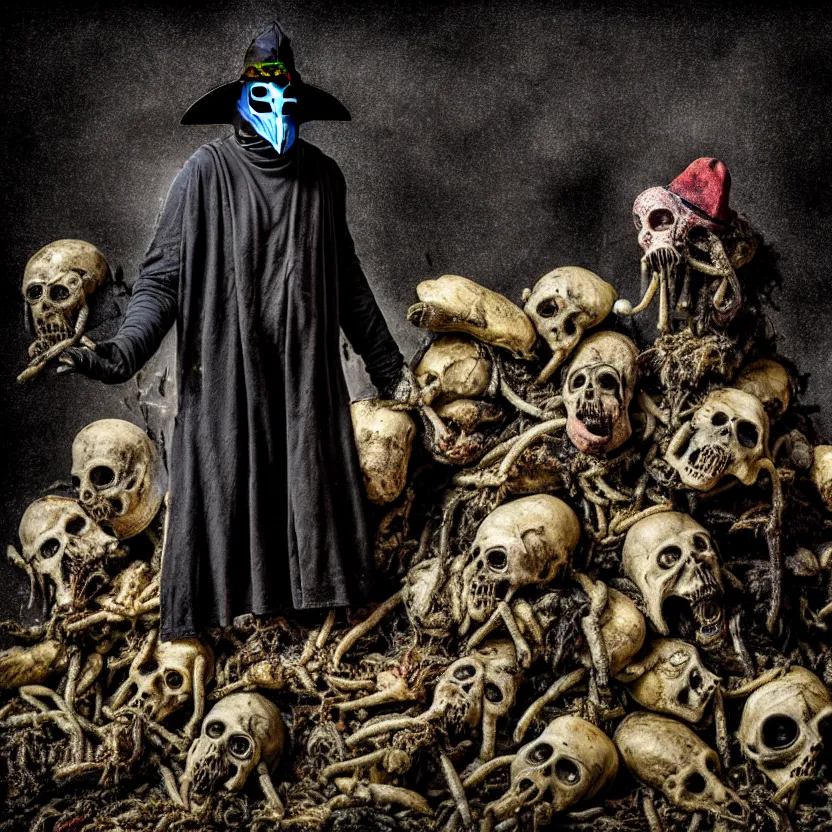 Prompt: plague doctor standing over a pile of decomposing corpses, a screaming man half - eaten by maggots, photograph by joshua hoffine, fear, morbid, nightmare, supernatural, 8 k, highly detailed, ( ( ( ( very colorful ) ) ) ), chiaroscuro, creepy, terrifying