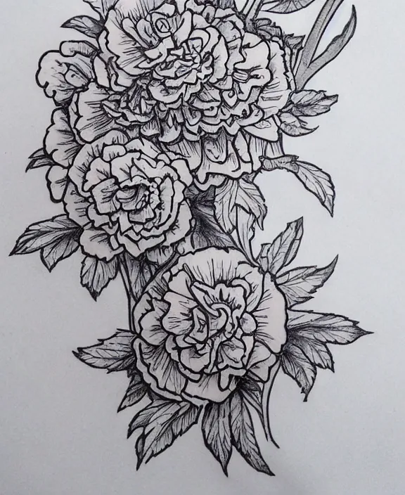 Image similar to amazing detailed tattoo line work stencil of carnations roses peonies and limonium flowers delicate and feminine