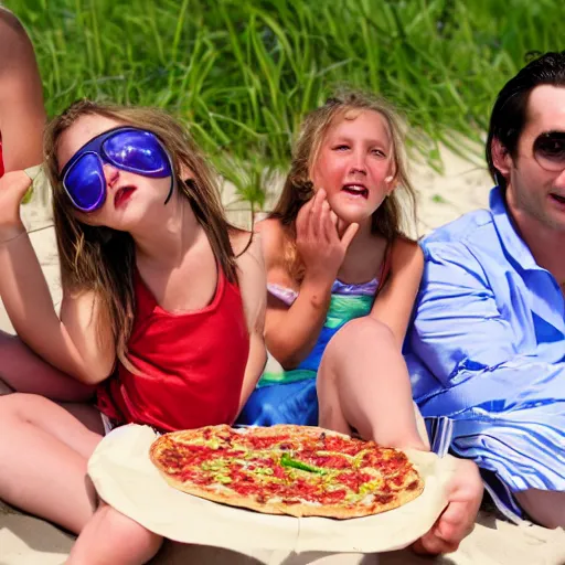 Prompt: Vampires enjoying a sunny day at the beach eating pizza, family beach photos, gettyimages, 500px