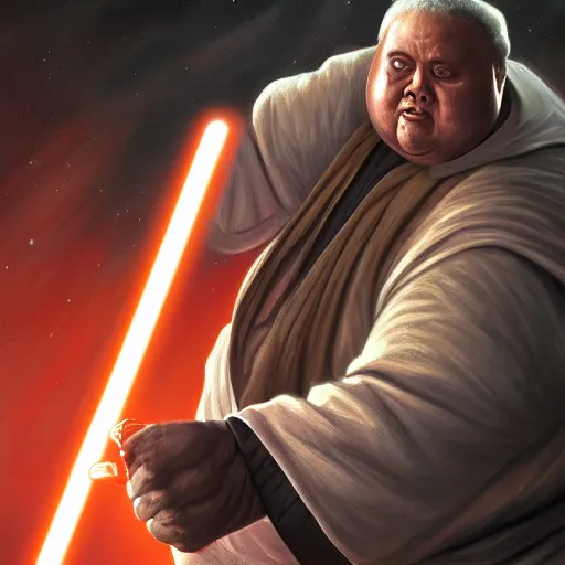 Prompt: highly detailed portrait of morbidly obese jedi fighting a sith, illustration, trending on artstation