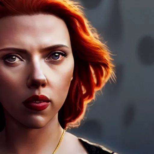 Prompt: close - up photo still of scarlett johansson black widow looking off into the distance, long red hair, black dress, golden hour, photorealistic, ultra detailed, intricate, natural light falling on her face. the focus is on her eyes and brows, fujifilm x - pro 2, by annie leibowitz