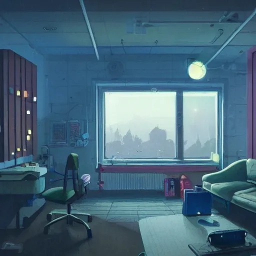 Prompt: Hacker's Room, View at the night city through the Window, night, lights, Volumetric lighting, Simon Stålenhag