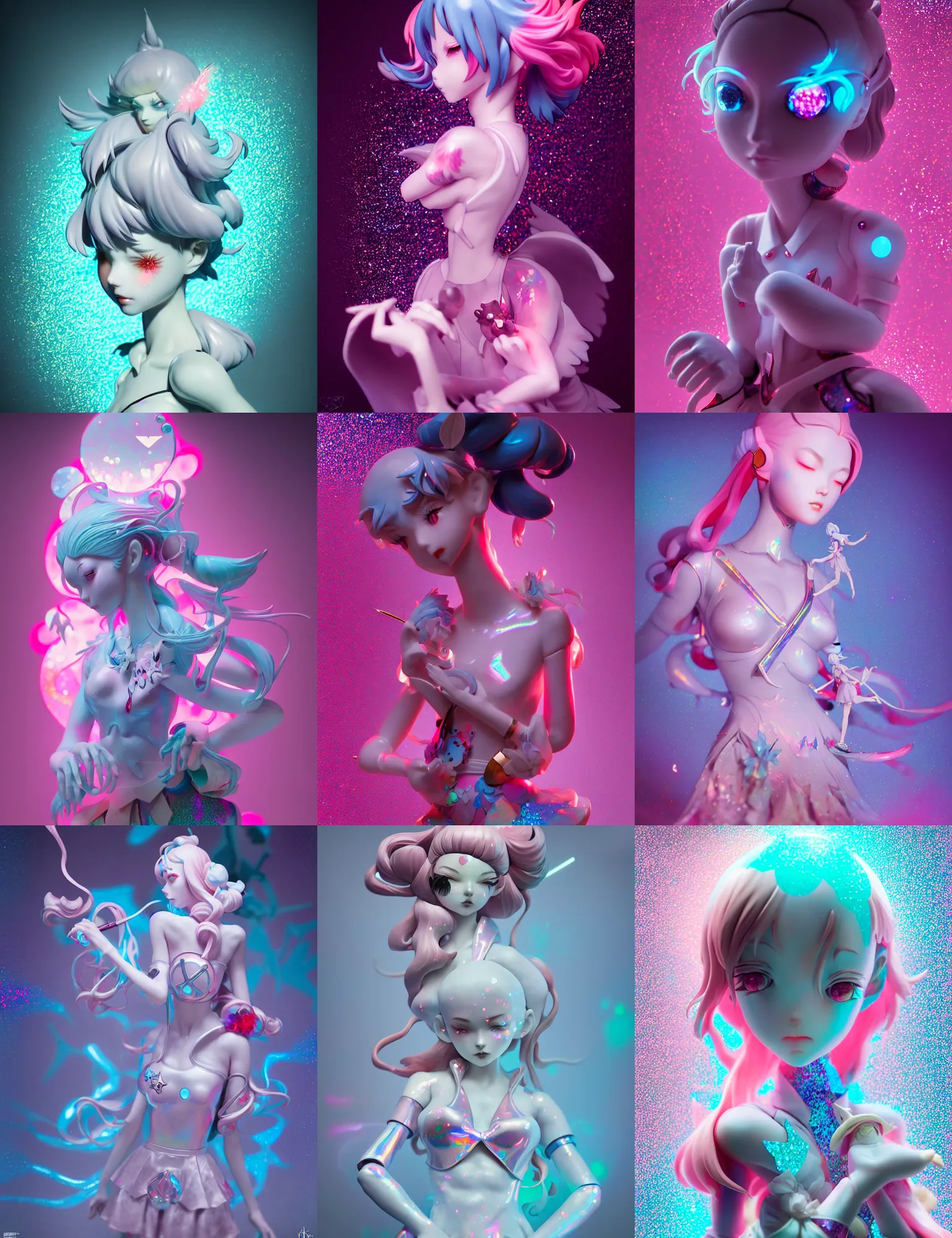 Prompt: james jean isolated magical girl vinyl figure, figure photography, glitter accents on figure, holographic undertones, anime stylized, high detail, ethereal lighting, rim light, expert light effects on figure, sharp focus, dramatic composition and glowing effects unreal engine, octane, editorial awarded design