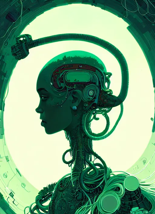 Image similar to highly detailed portrait of a biopunk long curly white hair tribal lady, stray wiring by atey ghailan, james gilleard, by joe fenton, by greg rutkowski, by greg tocchini, by kaethe butcher, 4 k resolution, gradient green, black and white color scheme!!! ( ( irradiated robotic cavern background ) )