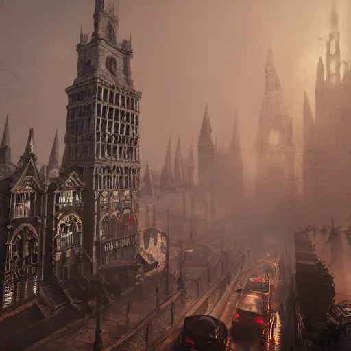 Image similar to haunted gothic horror lovecraftian city, swirling smoke and mist, ultrarealistic, intricate detail, finely detailed, small details, extra detail, high resolution, volumetric lighting, octane render, 8 k