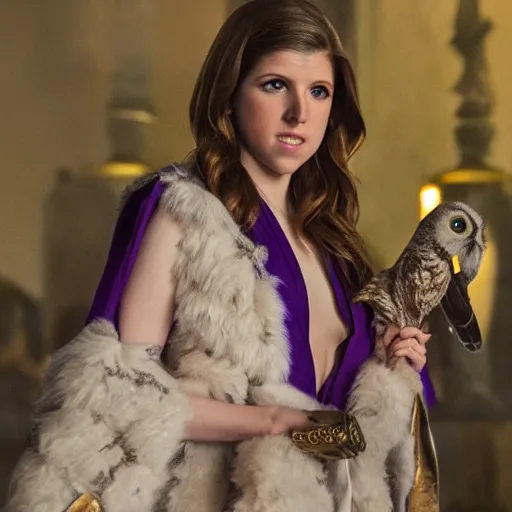 Image similar to Anna Kendrick as the Goddess Minerva with her dark purple toga slipping off her shoulders which her owl is sitting upon 8k resolution hyperdetailed photorealism amazing level of detail and ultra high quality and beautifully crafted