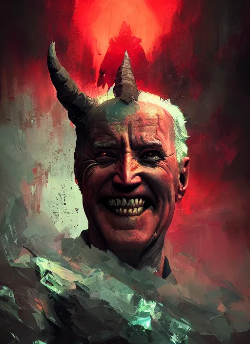 Image similar to dark demonic Joe Biden grinning emperor of the world, high contrast with devil horns, cosmic horror, abstract, masterpiece, trending on ArtStation, by Greg Rutkovski and by Craig Mullins and by David Cronenberg and by Ismail Inceoglu
