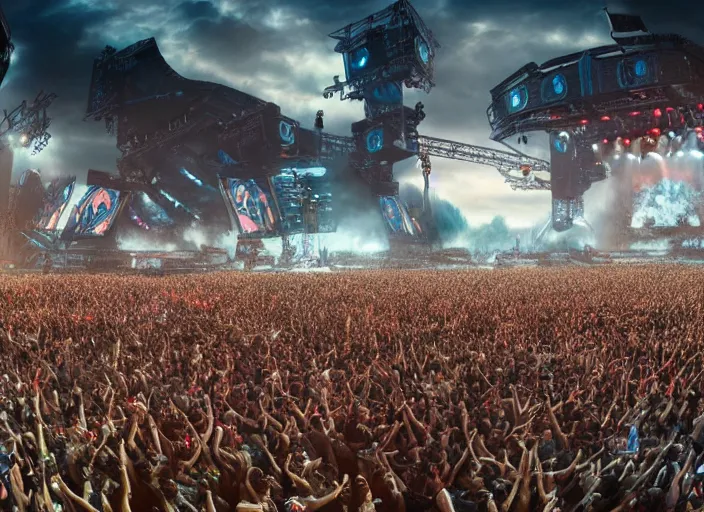 Image similar to ultra realistic, mainstage of defqon 1 music festival in 2 0 5 0, futuristic, octane render, sharp focus cinematic lighting, dramatic perspective, highly detailed, ultra realistic, masterpiece, 4 k, 8 k