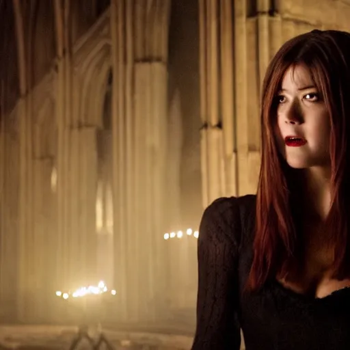 Prompt: mary elizabeth winstead as a vampire menacingly flashing her fangs in a gloomy gothic cathedral at night