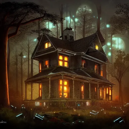 Prompt: victorian house in the forest near cemetery scene with a lot of lights, glass elements, wires and tubes, high details, many small details, dieselpunk, trending on artstation. com, greatly inspired by legends of runeterra