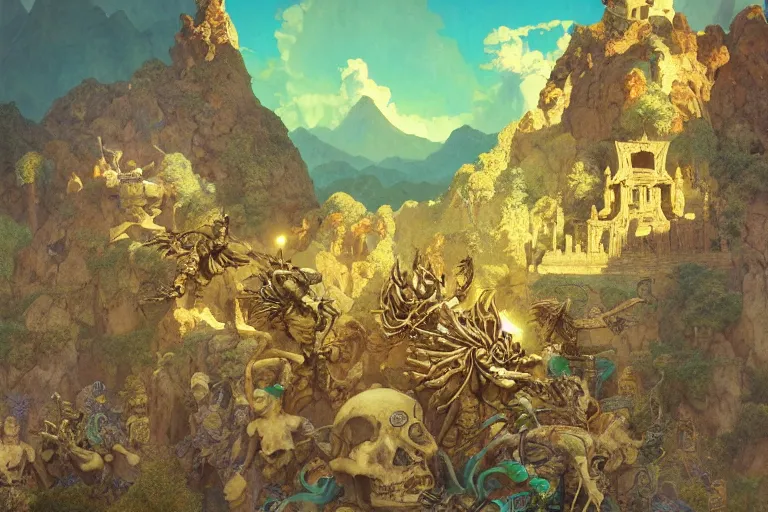 Image similar to skeleton horde attacking a tibetian temple in the mountains, beautiful day, concept art, beautiful, by maxfield parrish, by gustave dore, by peter mohrbacher, by alphonse mucha, sharp focus, vivid color, rainbowshift, octane render, cgi, rule of thirds