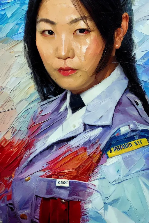 Prompt: palette knife oil painting portrait of a female asian police psychiatrist, extreme detail, artstation trending, artgerm, deviant art, octane, substance, art history 8 k